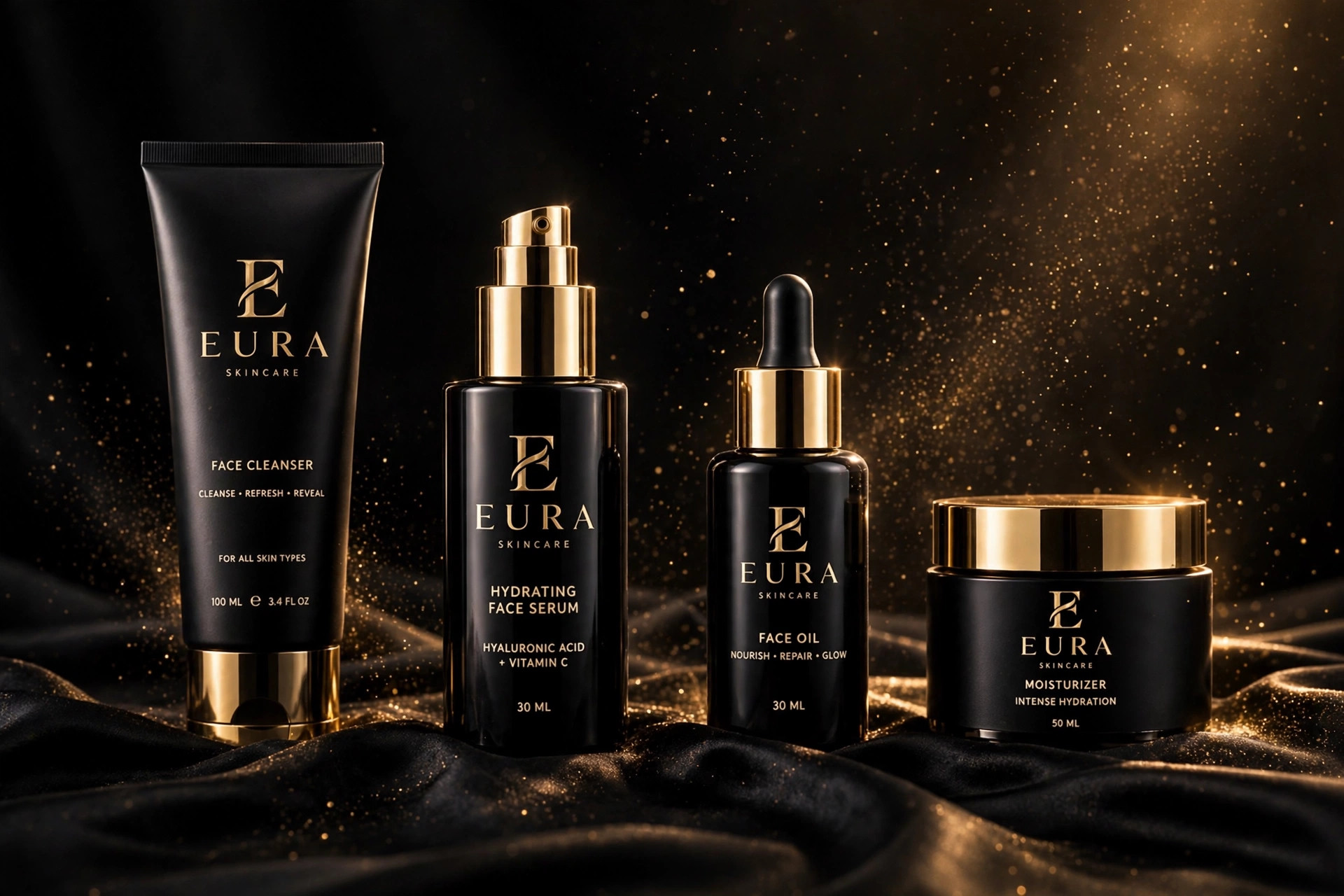 EURA skincare set — cleanser, hydrating serum, face oil and moisturizer with gold E monogram